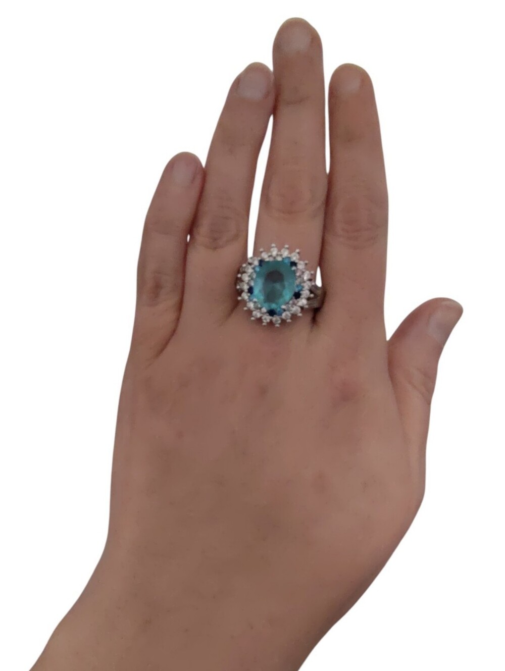 925 Sterling Silver Aqua Blue Halo Statement Ring Size 9.5